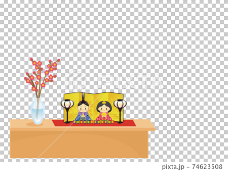 插圖素材：桌子上的Hinamatsuri和桃花盛開池上背景圖複製空間 74623508