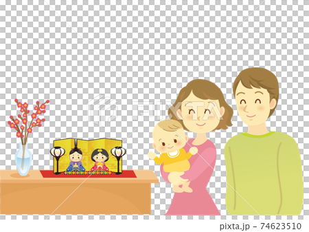 插圖資料：Hinamatsuri：一個三口之家，媽媽在這裡抱著一個嬰兒，與父親慶祝第一個節日。 74623510