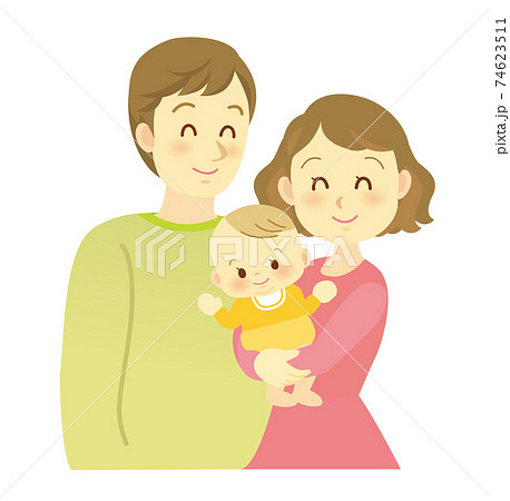 イラスト素材 家族 赤ちゃんをママが抱っこしてパパ笑顔で寄り添うファミリーの姿 3人家族のイラスト素材
