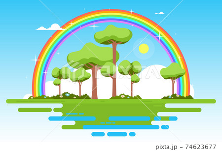 Beautiful Floating Landscape Rainbow Summer Nature Illustration Beautiful Floating Landscape Rainbow Summer Nature Illustration 74623677