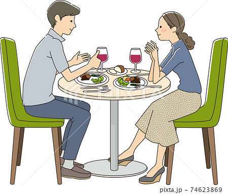 食事しながら会話する男女のイラストのイラスト素材