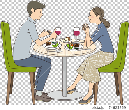 食事しながら会話する男女のイラストのイラスト素材