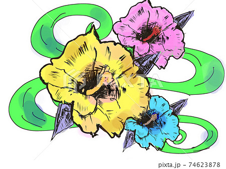 綺麗に咲いた3輪の南国のハイビスカスの花のイラスト素材
