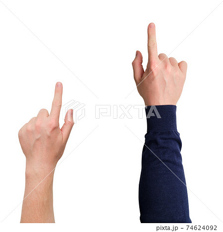 Hand of a caucasian and in a sweater with a forefinger isolated 74624092
