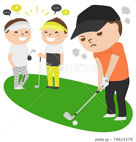 ゴルフのイラスト 男性がショットを打つ時に大声で会話をしてる人々 のイラスト素材