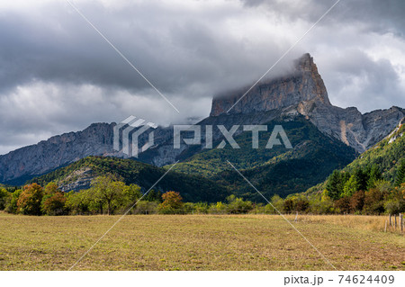 Mont Aiguille near Clelles in the French Vercors mountains in France Mont Aiguille near Clelles in the French Vercors mountains in France 74624409