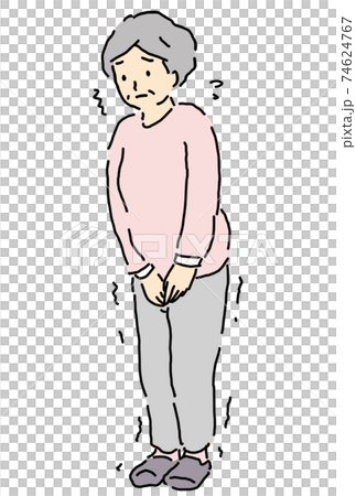 Illustration of a senior woman putting up with the toilet 74624767