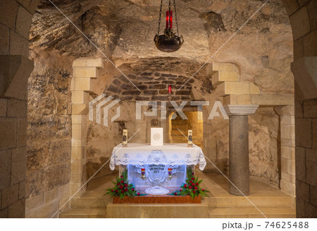 Nazareth, Israel, September 6, 2018: Lower chapel with an altar at the Basilica of the Annunciation in Nazareth, Israel 74625488
