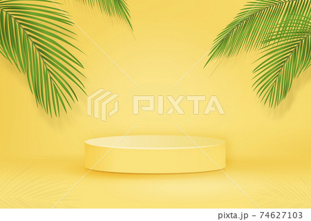 3D stage podium mockup with palm leave for product placement in tropical concept 74627103