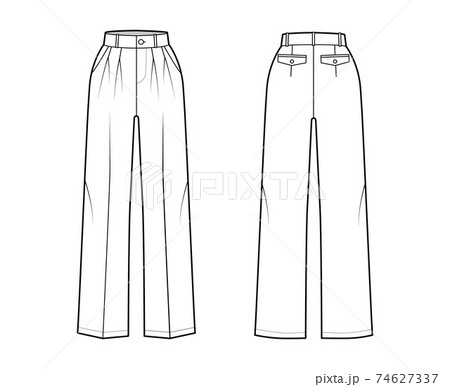 Pants tailored technical fashion illustration with extended normal waist, rise, full length, slant, flap pockets 74627337