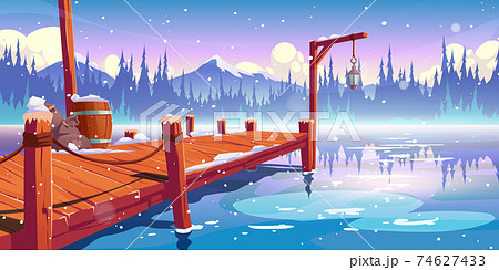 Wooden Pier On Winter Lake Pond Or Riverのイラスト素材