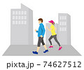 ウォーキングする男性とランニングする女性（背景あり） 74627512