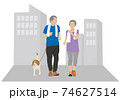 犬と散歩を兼ねてウォーキングする老夫婦（背景あり） 74627514