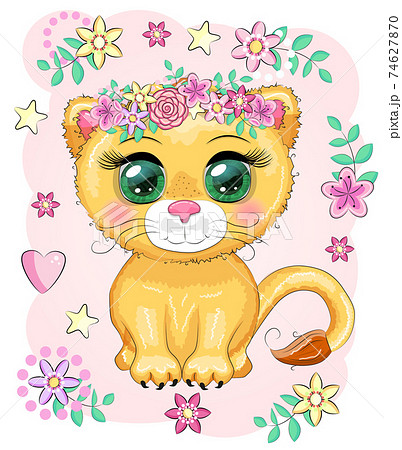 Cartoon lion with expressive eyes. Wild animals, character, childish cute style 74627870