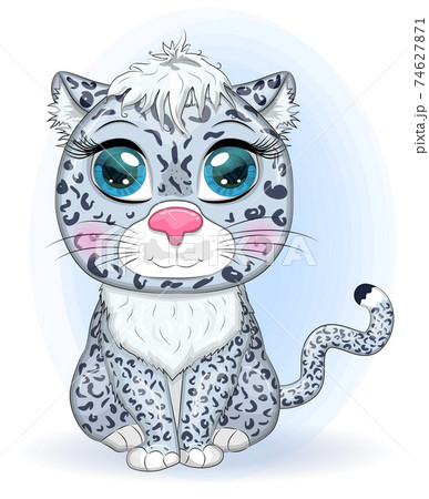 Cartoon snow leopard with expressive eyes. Wild animals, character, childish cute style. 74627871