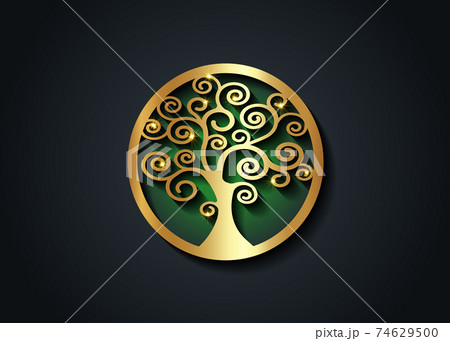 Sacred Tree, gold round tree of life icon,  natural logo and tree green ecology illustration symbol sign vector design isolated on black background, abstract golden luxury blossoming swirl tree 74629500