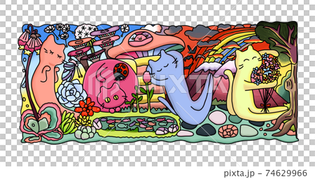 與自然和自然界豐富的星球共存的貓的插圖 74629966