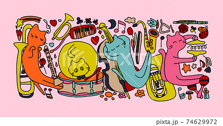 色々な楽器と音楽好きの猫 Loveの文字を作るカラフルな猫のイラストのイラスト素材