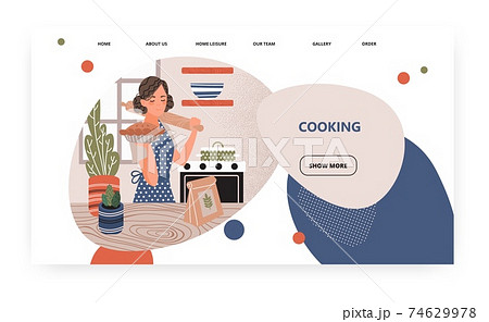 Woman cook pie in oven at home kitchen. Home cooking concept illustration. Vector web site design template. Landing page website illustration. Woman cook pie in oven at home kitchen. Home cooking concept illustration. Vector web site design template. Landing page website illustration. 74629978