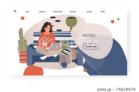 Young girl work with laptop sitting on sofa and drink coffee. Freelancer home office concept illustration. Vector web site design template. Landing page website illustration. 74629979