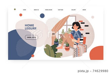 Young girl reading book and drinks coffee next to window at home. Cozy interior. Concept illustration. Vector web site design template. Landing page website illustration. Young girl reading book and drinks coffee next to window at home. Cozy interior. Concept illustration. Vector web site design template. Landing page website illustration. 74629980