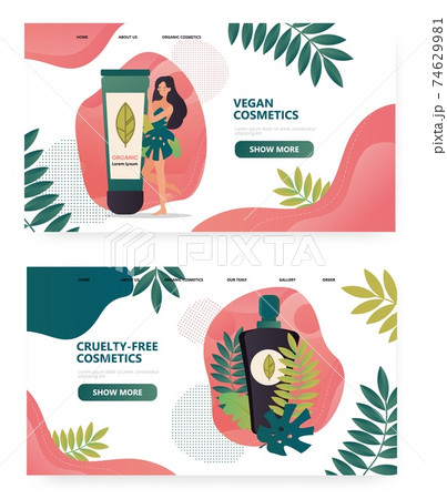 Vegan organic cosmetic concept illustration. Cruelty free cosmetics, body care. Beauty spa salon. Woman try cream. Vector web site design template. Landing page website illustration 74629981