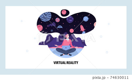 Man in virtual reality VR glasses imagine outer space. VR technology digital device. Vector web site design template. Landing page website concept illustration 74630011