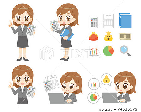 経理の仕事をする女性セット アニメ風キャラクターのイラスト素材
