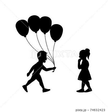black silhouette design with isolated white background of boy send girl balloons black silhouette design with isolated white background of boy send girl balloons 74632423