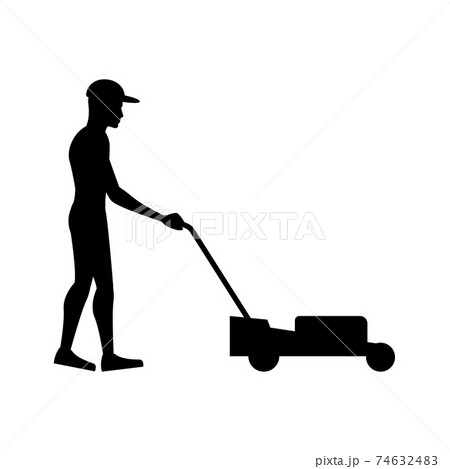 black silhouette design with isolated white background of man lawn mowing black silhouette design with isolated white background of man lawn mowing 74632483