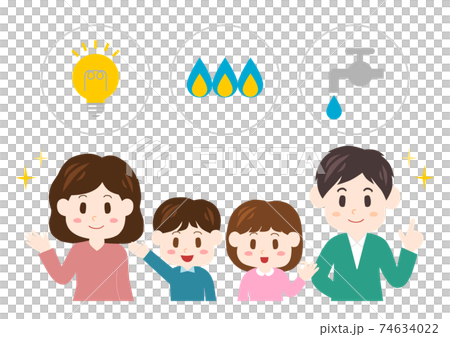 電気・ガス・水道と笑顔の家族 イラスト 電気・ガス・水道と笑顔の家族 イラスト 74634022
