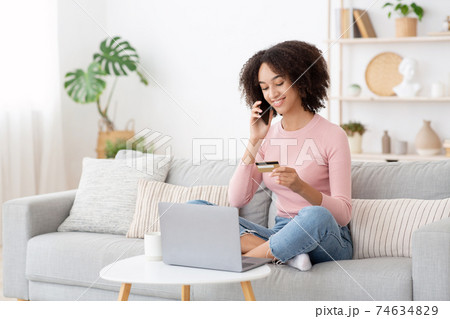 Shopping at home, delivery service and satisfied customer 74634829