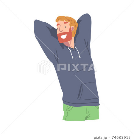 Happy Bearded Male Character with Arms Behind Head Smiling with Joy and Excitement Vector Illustration 74635915