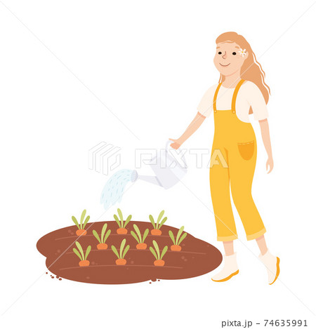 Young Woman Farmer or Agricultural Worker Watering Vegetable Patch with Carrot Vector Illustration 74635991