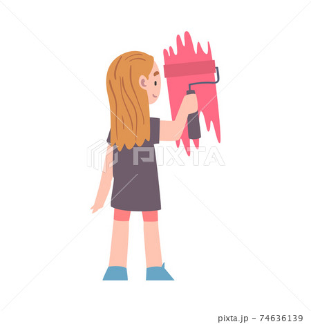 Little Girl Holding Paint Roller and Coloring Wall Vector Illustration 74636139