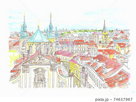 世界遺産の街並み チェコ プラハ旧市街のイラスト素材