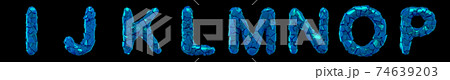 Plastic letters set I, J, K, L, M, N, O, P made of 3d render plastic shards blue color. 74639203
