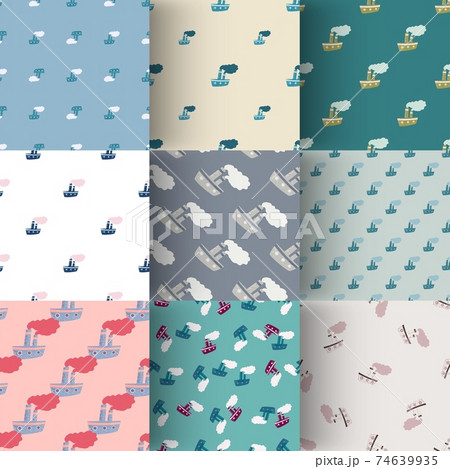 Set of seamless doodle pattern with steamer ship. Travel marine backdrop collection. Set of seamless doodle pattern with steamer ship. Travel marine backdrop collection. 74639935