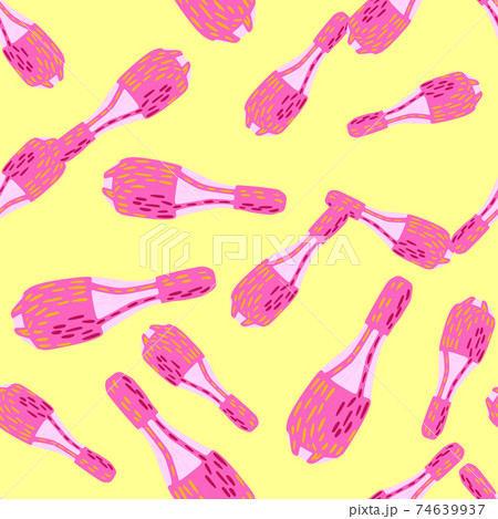Bright trick equipment seamless pattern with pink random juggler mace elements. Yellow background. Bright trick equipment seamless pattern with pink random juggler mace elements. Yellow background. 74639937