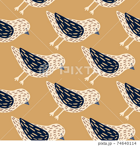 Hand drawn seamless pattern with simple dove birds silhouettes. Beige background. 74640114