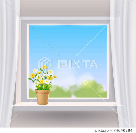 Window view in interior, spring, flower pot with flowers daisy and dandelions on windowsill, curtains. Vector illustration realistic 74640294