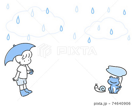 傘を持った男の子とカエルとカタツムリと雨のフレーム 74640906