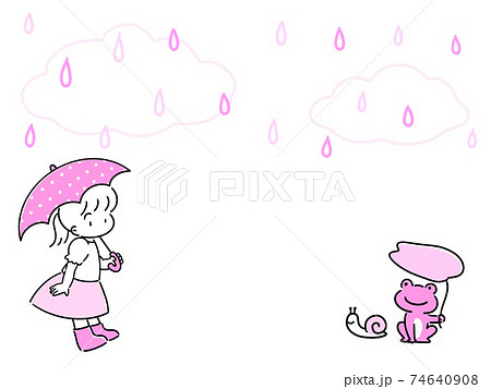 傘を持った女の子とカエルとカタツムリと雨のフレーム 74640908