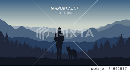 Wanderlust Girl And Dog In Forest Nature Landscapeのイラスト素材