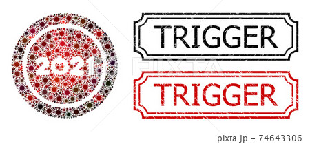 Trigger Distress Stamps with Notches and Start 2021 Round Button Collage of Covid Virus Icons 74643306
