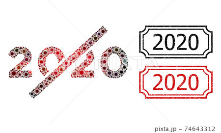 2020 Grunge Badges with Notches and No 2020 Year Collage of Covid Virus Icons 74643312