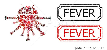 Fever Textured Badges with Notches and Nanobot Mosaic of Covid Items Fever Textured Badges with Notches and Nanobot Mosaic of Covid Items 74643313