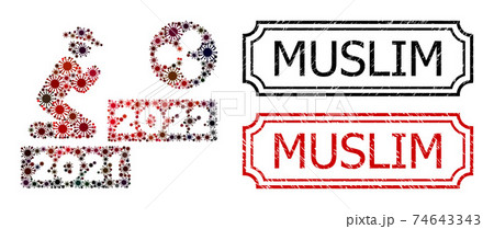 Muslim Distress Rubber Stamps with Notches and Gentleman Pray Ripple 2022 Collage of Covid Virus Items 74643343