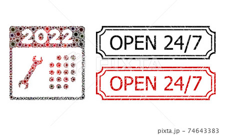 Open 24/7 Grunge Seal Stamps with Notches and 2022 Repair Day Mosaic of Covid Elements 74643383