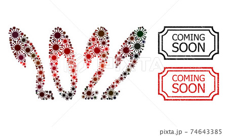 Coming Soon Scratched Seals with Notches and 2022 Perspective Text Collage of Covid Virus Items 74643385